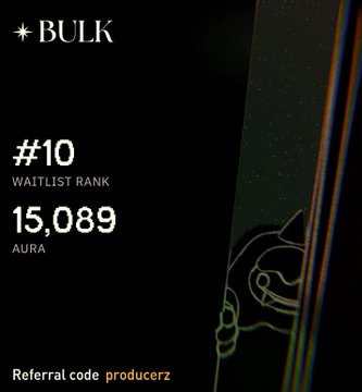 The image features a black background with white text that reads "BULK 15089 $AURA が配布されてましたー 一 AURA の価値は分かりませんが、ワクワクしますね((o(´∀ｸ)o))". The post is about a product called "BULK" and it has been referred to as a "Producerz" by someone.
