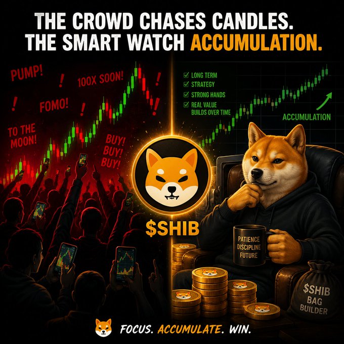 The image contrasts a hyped, panic-buying crowd chasing candles (with phrases like "PUMP!", "100X SOON!", "FOMO!", "TO THE MOON!", and "BUY!") against a calm, strategic Shiba Inu mascot labeled with "PATIENCE, DISCIPLINE, FUTURE" accumulating $SHIB alongside checkmarked traits like "LONG TERM," "STRATEGY," "STRONG HANDS," and "REAL VALUE BUILDS OVER TIME." Reinforcing the post's message, the banner reads "THE CROWD CHASES CANDLES. THE SMART WATCH ACCUMULATION." with the tagline "FOCUS. ACCUMULATE. WIN."