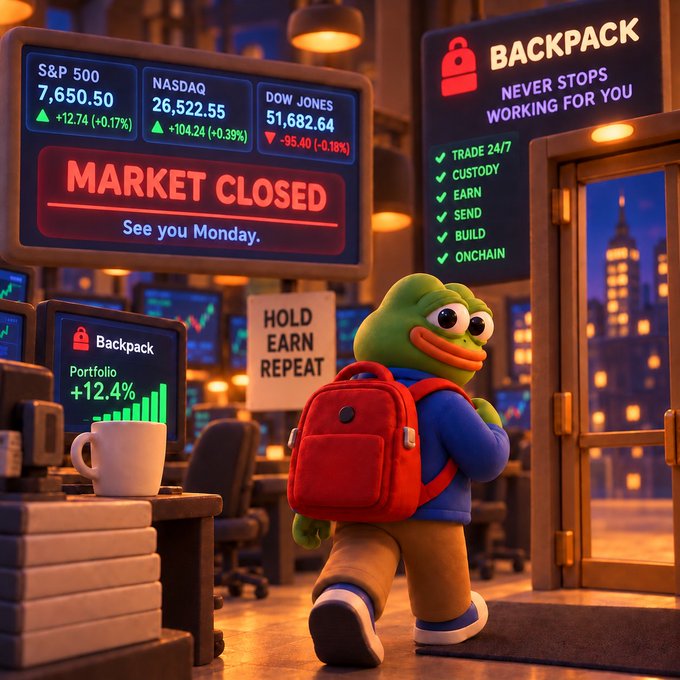 A 3D-style digital illustration of a green Pepe-like frog character wearing a red backpack, walking through a financial trading office with screens displaying 'MARKET CLOSED' and 'S&P 500', alongside a 'BACKPACK - NEVER STOPS WORKING FOR YOU' advertisement.
