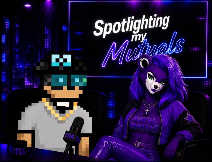 A pixel-art podcast scene features a character in sunglasses and a purple bear-like figure with 'Spotlighting my Mutuals' text on a neon sign behind them.