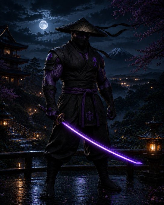A digital artwork of a ninja-like warrior in dark armor with purple glowing accents and a straw hat, holding a glowing purple katana sword, standing on a wet wooden platform under a full moon with cherry blossoms and a Japanese temple in the background.