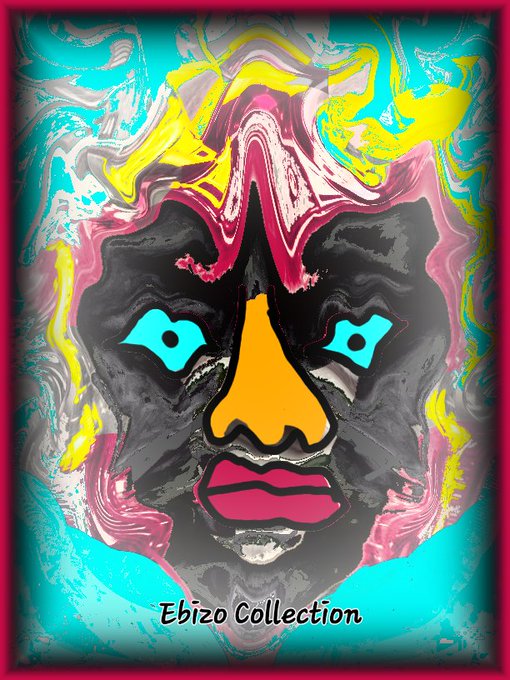 A stylized, colorful artwork of a face with a yellow nose, bright pink lips, and glowing cyan eyes set against a swirling background of yellow, pink, and gray; text reads 'Ebizo Collection' at the bottom.