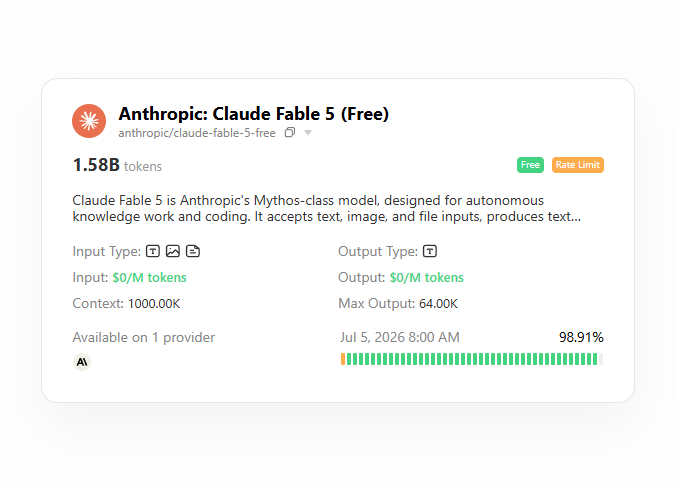 The image shows a model listing card for "Anthropic: Claude Fable 5 (Free)" with 1.58B tokens, 1000.00K context window, and free $0/M token pricing on OpenRouter. It illustrates the poster's point about ZenMuxAI providing a free API source, specifically highlighting a free Anthropic-tier model ideal for developers testing or building projects without cost.