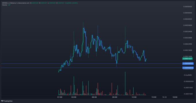 A TradingView candlestick chart of XRP/USD on Velencia showing intraday price action between approximately 0.00014999 and 0.00039999, with a current price of 0.00021488 (+0.15%), illustrating the dip the trader references as an entry point after their initial purchase.