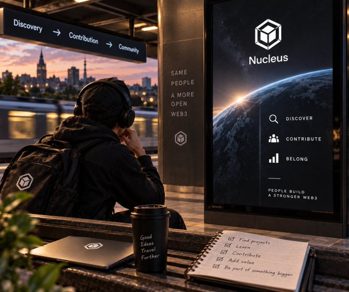 A person with headphones and a backpack sitting at a desk overlooking a city skyline at sunset, with a Nucleus Web3 promotional display reading "DISCOVER, CONTRIBUTE, BELONG" and a notebook listing "Find projects, Learn, Contribute, Add value, Be part of something bigger."