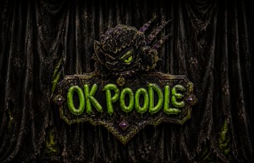 A dark, spooky logo featuring a green-eyed creature in a hooded cloak above a frame containing the glowing green text 'OK FOODIE' against a gothic black curtain backdrop.
