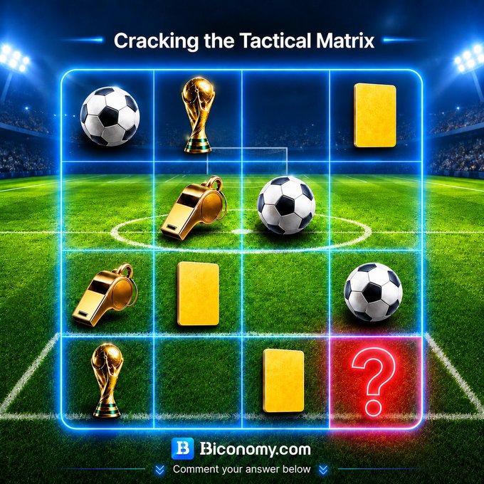 The image features a soccer field with various soccer balls, including one that has a question mark above it. The soccer field also includes a trophy and a whistle. The main focus of the image is a 4x4 grid containing different elements related to the Tactical Matrix game.