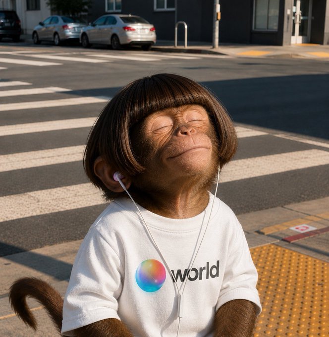 An AI-generated image shows a small monkey wearing a bob haircut wig and a white t-shirt with a colorful logo and the word 'world', listening to earphones with its eyes closed at a crosswalk.