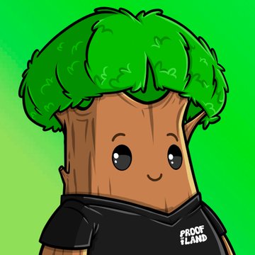 A cartoon character with a brown tree trunk body, green leafy hair, and a black shirt reading 'PROOF ISLAND' against a green gradient background.