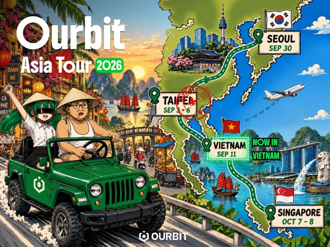 A vibrant promotional illustration titled "Ourbit Asia Tour 2026" depicts an anime-style girl and an older man in conical hats driving a green Jeep through a Southeast Asian cityscape, with a map route marking stops in Seoul (Sep 30), Taipei (Sep 6), Vietnam (Sep 11), and Singapore (Oct 7-8), alongside a "NOW IN VIETNAM" label featuring Vietnam's flag and Merlion landmarks—visually reinforcing the post's announcement about the "Green Exchange" being in Vietnam this Friday for the 2026 Asia Tour.