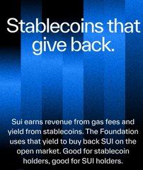 A blue-toned advertisement with the headline 'Stablecoins that give back.' and text explaining that Sui earns revenue from gas fees and yield from stablecoins to buy back SUI tokens on the open market.