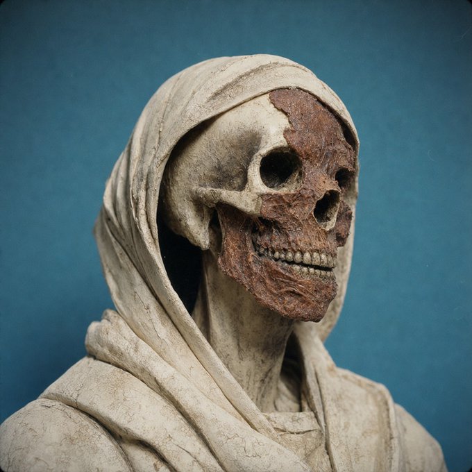 A detailed sculpture of a skull wearing a hooded robe, featuring cracked porcelain and exposed brown bone textures against a teal background.