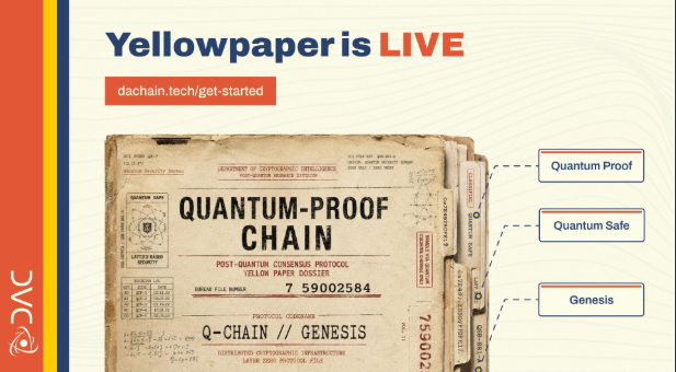 A promotional graphic titled 'Yellowpaper is LIVE' advertises 'dachain.tech/get-started' and shows a weathered file folder labeled 'QUANTUM-PROOF CHAIN' with annotations for 'Quantum Proof', 'Quantum Safe', and 'Genesis'.