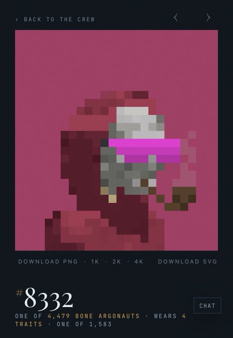 A pixel art portrait of a hooded character with a pink visor against a pink background, labeled "#8332, ONE OF 4,479 BONE ARGONAUTS - WEARS 4 TRAITS - ONE OF 1,583" with download options for PNG and SVG.