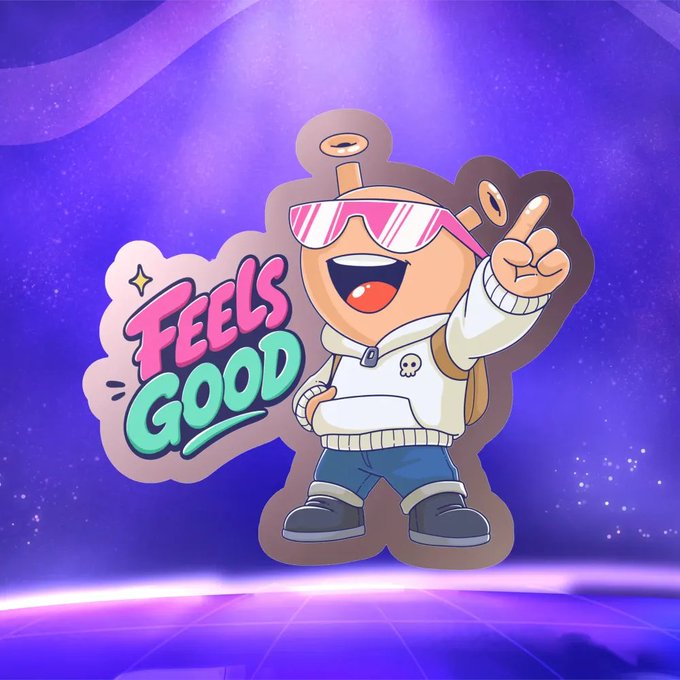 A cartoon mascot character wearing pink sunglasses and a white hoodie, pointing upward with the text 'FEELS GOOD' beside it against a purple retro background.