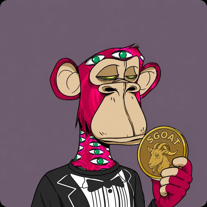 A cartoon monkey wearing a tuxedo and a pink three-eyed mask holds up a gold "$GOAT" coin featuring a goat's head, visually representing the 100,000 $GOAT token airdrop mentioned in the post.