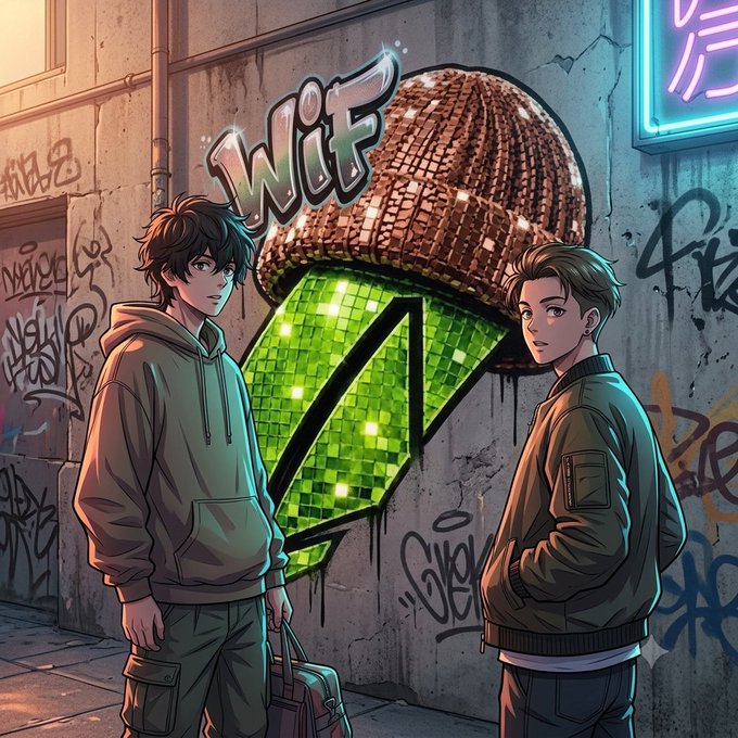 An anime-style digital illustration of two young men standing in front of a graffiti-covered urban wall with a neon green mirrored disco ball and the word 'Wif' in stylized graffiti.