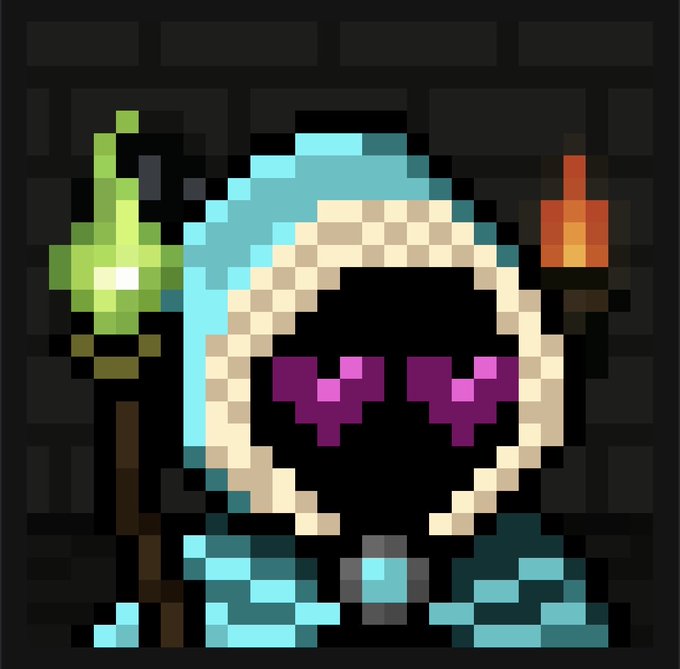 Pixel art illustration of a hooded skeleton character with heart-shaped purple eyes, wearing a teal and tan robe and holding a green potion bottle and a red potion bottle.