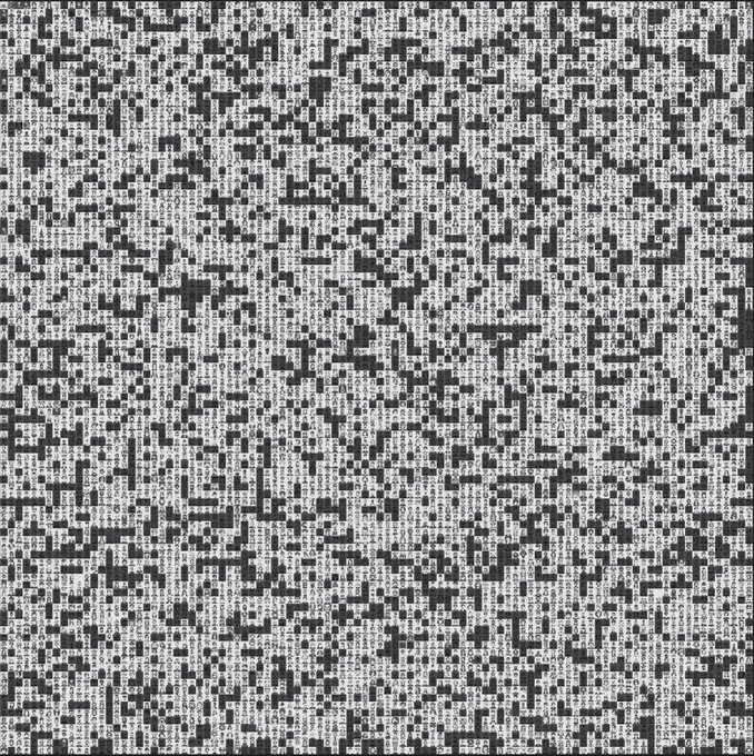 A dense black-and-white pattern resembling random characters or a maze-like digital noise texture fills the entire frame.