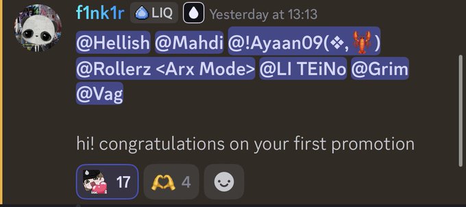 The image shows a screenshot of a message posted on social media by a user named Hellish Mahdi, who received a promotion from the Liquid Discord trading app. The caption on the screen indicates that Hellish has been promoted into a leadership role within the app's trading team. The email in the post congratulates Hellish on their first promotion and suggests that they need to complete specific tasks related to the app's missions in order to take advantage of this new position.
