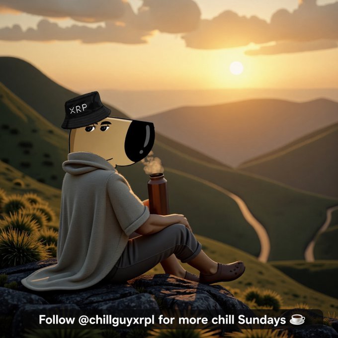 Cartoon illustration of a dog wearing an 'XRP' cap, sitting on a mountain cliff at sunset holding a thermos, with text 'Follow @chillguyxrpl for more chill Sundays'.