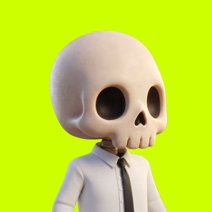 A 3D rendered cartoon skeleton wearing a white dress shirt and black tie stands against a bright neon green background. The skeleton character matches the "BonesHood" NFT collection referenced in the tweet, suggesting the user is considering using it as their new profile picture (PFP) from the OpenSea collection.