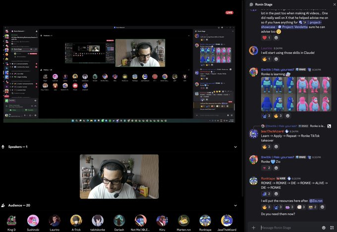 A computer screen displays a Discord video call with a man wearing headphones, alongside a chat about making AI videos and references to 'Ronin.'