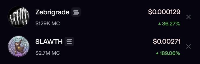 A cryptocurrency trading interface displays two tokens: Zebrigrade at $0.000129 with a 36.27% increase, and SLAWTH at $0.00271 with a 189.06% increase.