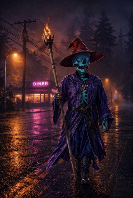 Dark fantasy digital art of a skeleton wizard in purple robes and a pointed red hat holding a flaming staff, standing on a wet street at night in front of a neon-lit 'DINER'.