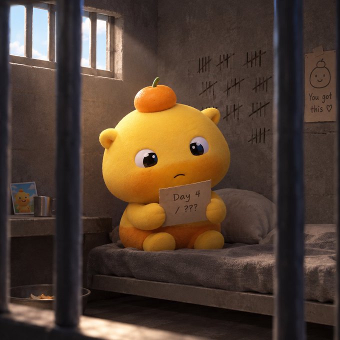 A cute yellow animated character with an orange on its head sits in a prison cell holding a sign that reads 'Day 4 / ???', with tally marks on the wall and a 'You got this ♡' note nearby.