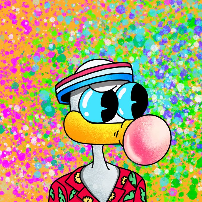 A vibrant cartoon illustration of a duck-like character with big blue eyes, blowing a pink bubblegum bubble, wearing a striped hat and a red floral Hawaiian shirt against a colorful, splatter-patterned background.