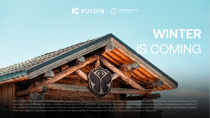 A snowy alpine cabin with a KuCoin and Tomorrowland Winter 2022 partnership logo, accompanied by the text "WINTER IS COMING," promoting their collaboration for an upcoming event.