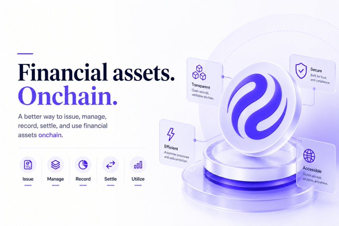 The image is a promotional graphic for Injective (INJ), featuring the tagline "Financial assets. Onchain." and highlighting key functions like Issue, Manage, Record, Settle, and Utilize, along with features such as Transparent open records, Secure built for trust, Efficient, and Accessible. It visually supports the post's point about tokenization by showcasing Injective's integrated onchain approach to handling financial assets beyond just minting—emphasizing the full lifecycle of issuance, management, settlement, and utilization.