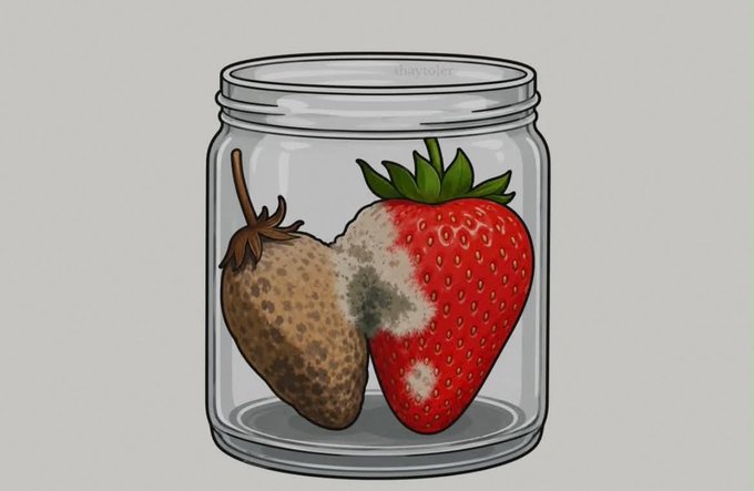 A jar contains a moldy pear next to a half-rotten strawberry, with the faint watermark "ihaytoler" visible on the glass. The decaying fruit serves as a visual metaphor for the post's warning that selling Bitcoin due to outside influence causes you to "rot" like spoiled produce, while choosing the right partner (holding strong) preserves your value.