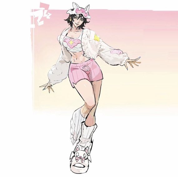 An illustration of a character wearing a white fluffy jacket, pink shorts, and a pink bunny hat, posing against a soft pastel background.