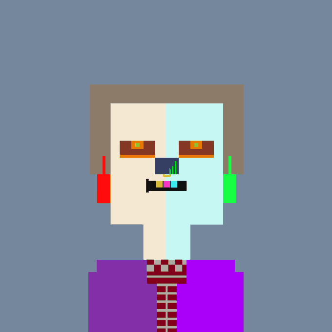 A pixel art portrait of a character with a pale face, brown hair, orange eyes, red and green earring-like accessories, and a purple shirt with a checkered collar.