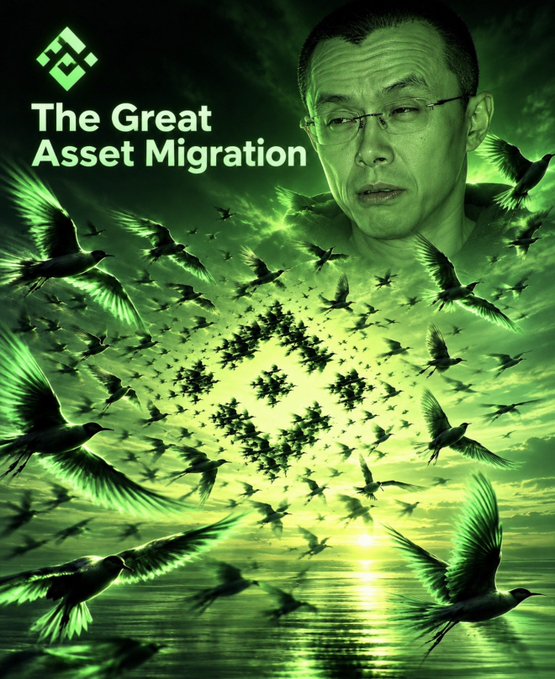 A promotional graphic titled 'The Great Asset Migration' featuring Binance founder Changpeng Zhao's face above a green-tinted scene of birds forming a Bitcoin symbol over the ocean.
