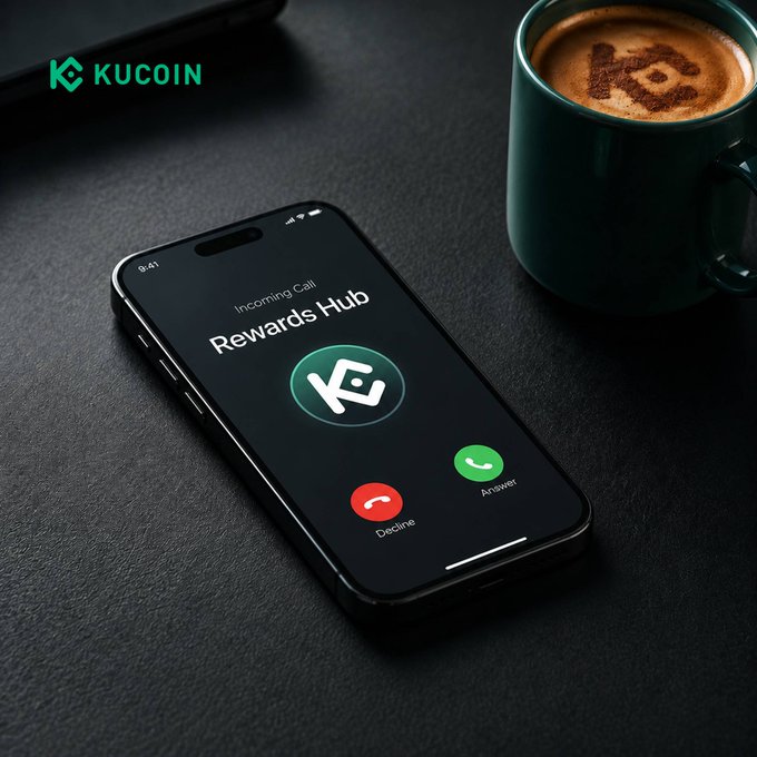 A smartphone displays an incoming call from "Rewards Hub" with the KuCoin logo, alongside a green mug of coffee on a dark surface, with the KuCoin logo visible in the top left corner—visually echoing the post's message about answering the call to KuCoin's Rewards Hub.