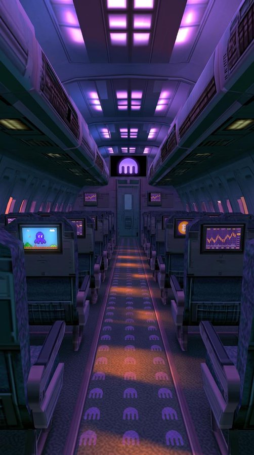 A purple-lit, retro-futuristic airplane cabin interior with rows of seats featuring small screens and a hallway carpet patterned with purple skull-like icons.