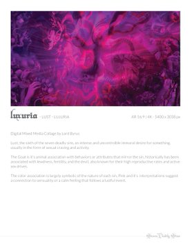 A webpage screenshot from 'luxuria' displaying a purple-themed article about digital metal collage with AR options priced at 3450x30dpi.