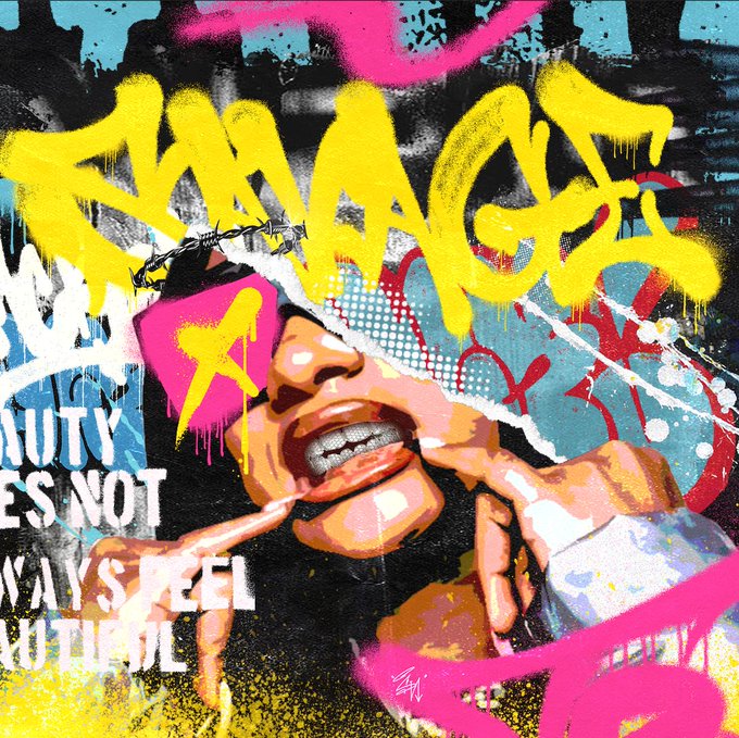 A vibrant street art-style painting features a person with gritted teeth and a chain around their head, surrounded by graffiti including the word 'SAVAGE' in yellow spray paint and text reading 'BEAUTY IS NOT ALWAYS BEAUTIFUL'.