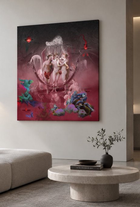 A modern living room interior featuring a large, dark surrealist painting with figures and red tones hanging on a beige wall above a round stone coffee table with a book titled 'THE KINFOLK TABLE'.