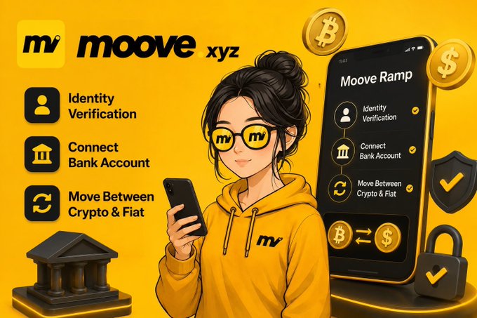 A colorful promotional graphic for 'moove xyz' highlights 'Moove Ramp' services including 'Identity Verification', 'Connect Bank Account', and 'Move Between Crypto & Fiat', featuring an illustrated woman in a yellow hoodie surrounded by crypto coins and security icons.