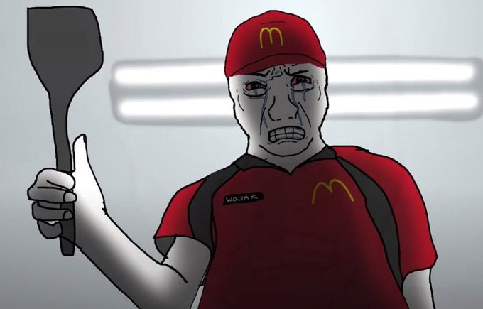 A drawn Wojak meme character in a McDonald's uniform holding a spatula, crying with a red-capped head featuring the McDonald's logo.