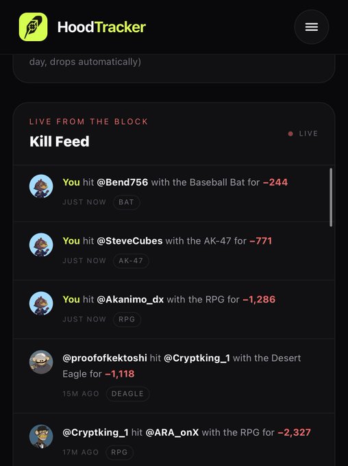A mobile app screenshot of 'HoodTracker' displays a 'LIVE FROM THE BLOCK' Kill Feed showing recent in-game hits, including 'You hit @Bend756 with the Baseball Bar for -244' and 'You hit @SteveCubes with the AK-47 for -771.'