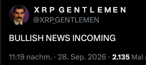 A tweet from the X account "@XRP.GENTLEMEN" displays the text "BULLISH NEWS INCOMING," posted at 11:19 PM on September 28, 2026, gaining 2,135 likes. The post aligns with the breaking news that CFTC Chair Mike Selig teased major upcoming announcements, suggesting a potentially positive development for XRP.