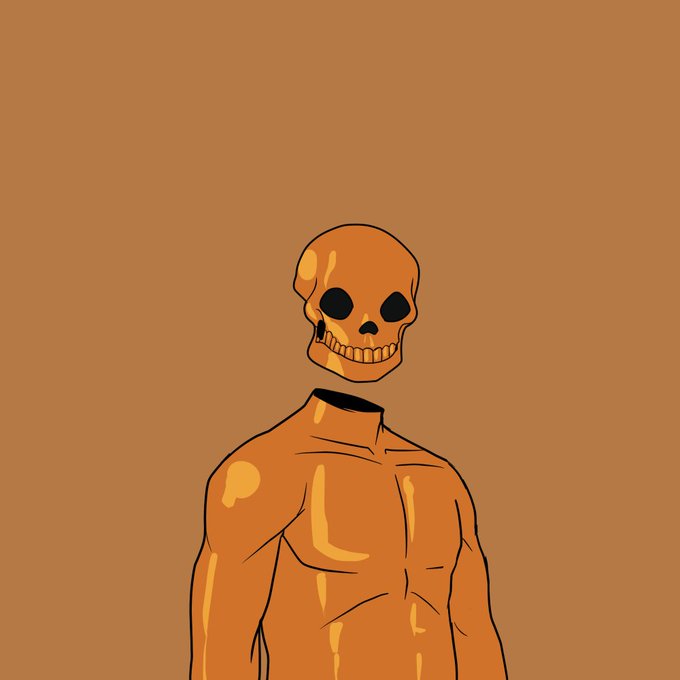 A skeleton with an orange-toned, headless muscular body (its skull floating above its neck) stands against a solid orange background, evoking the "irregular" head/body mismatch theme of the Irregular Heads NFT collection launching on OpenSea. The minimalist, edgy illustration visually reinforces the collection's name and the surreal disconnect between the detached skull and the muscular torso.
