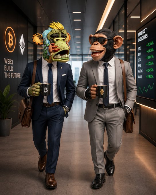 Two businessmen wearing elaborate animal masks—a vibrant Chinese dragon and a chimpanzee with sunglasses—walk through a sleek corporate hallway, each holding a branded mug (one with a Bitcoin logo, the other with Ethereum's diamond symbol). Digital displays show "WEB3 BUILD THE FUTURE" with Bitcoin and Ethereum icons on the left, and a "MARKET INSIGHTS" ticker on the right listing crypto tickers like BTC, ETH, SOL, BNB, MATIC, and AVX with green percentage gains, tying into the post's crypto-themed shoutouts to projects like EthraShip and BeldexCoin.