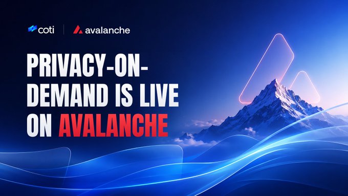 A promotional graphic featuring the COTI and Avalanche logos against a dark blue mountain backdrop displays the headline "PRIVACY-ON-DEMAND IS LIVE ON AVALANCHE" in bold white and red text. The image visually supports the announcement that COTI's general-purpose privacy stack is now live on Avalanche mainnet, aligning with the post's message about privacy-on-demand functionality being available for applications, assets, and Avalanche L1s.