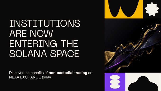 The image features a poster with a black background that displays text about institutions entering the Solana Space through ETFs. The poster also includes illustrations of a purple and yellow star, which are part of the design elements used for the poster's layout.
